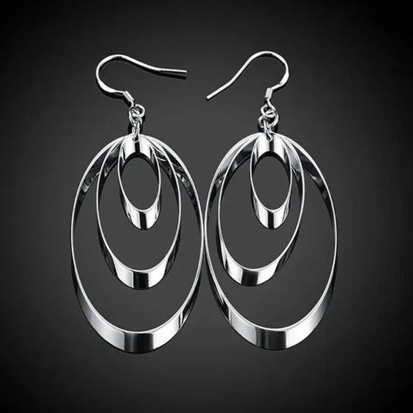 Fine Silver Jewelry - Gorgeous .925 Sterling Silver 3 Ovals Hanging Earrings